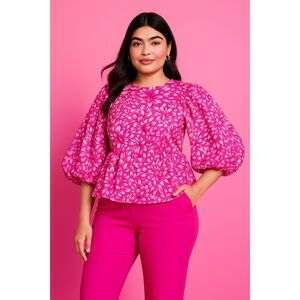 Kika Vargas x‎ Target 2X Womens Pink Floral Puff Sleeve Peplum Blouse NWT